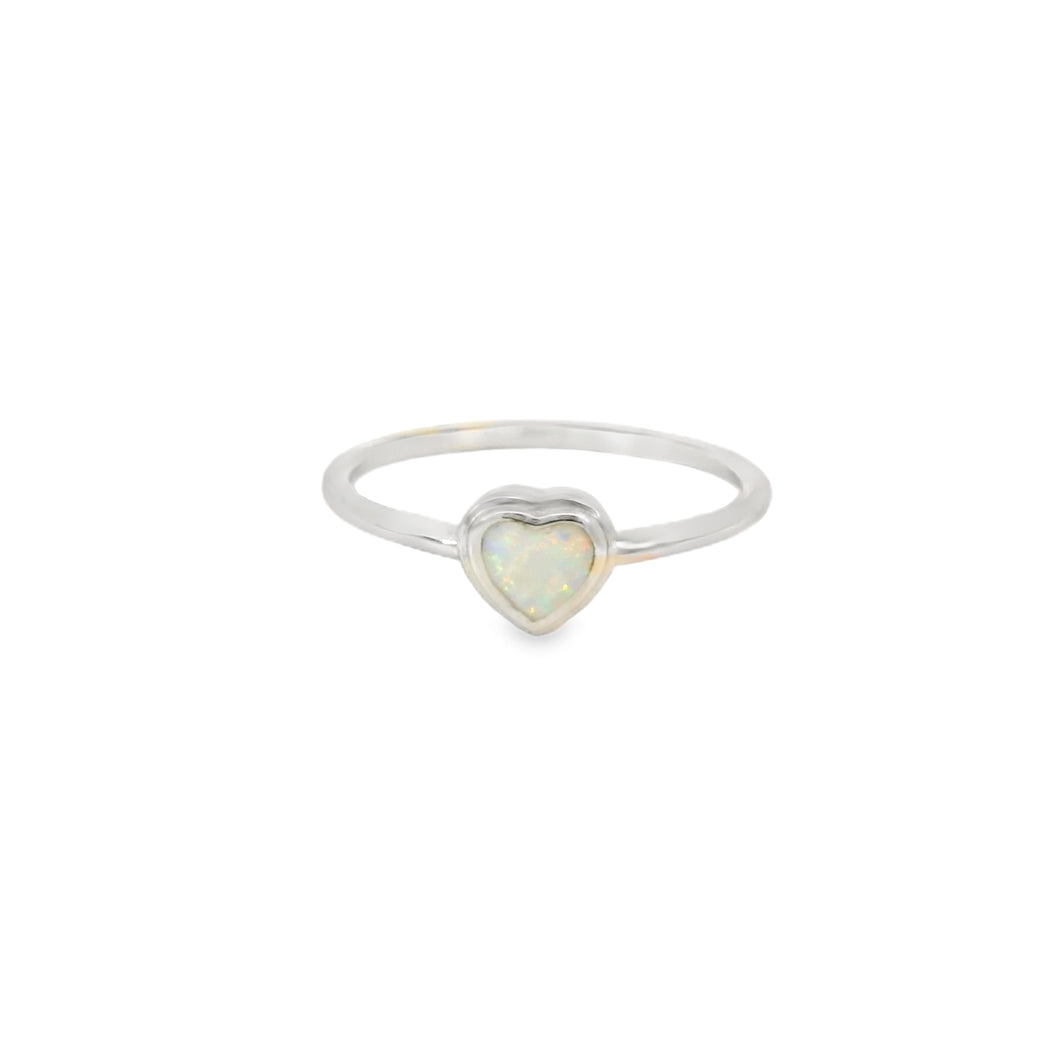 White lab opal heart sterling silver ring
