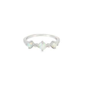 Three white lab opal sterling silver ring