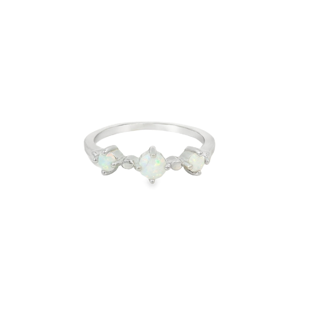Three white lab opal sterling silver ring