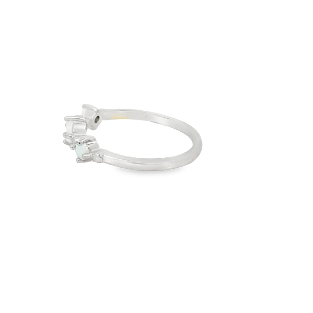 Three white lab opal sterling silver ring