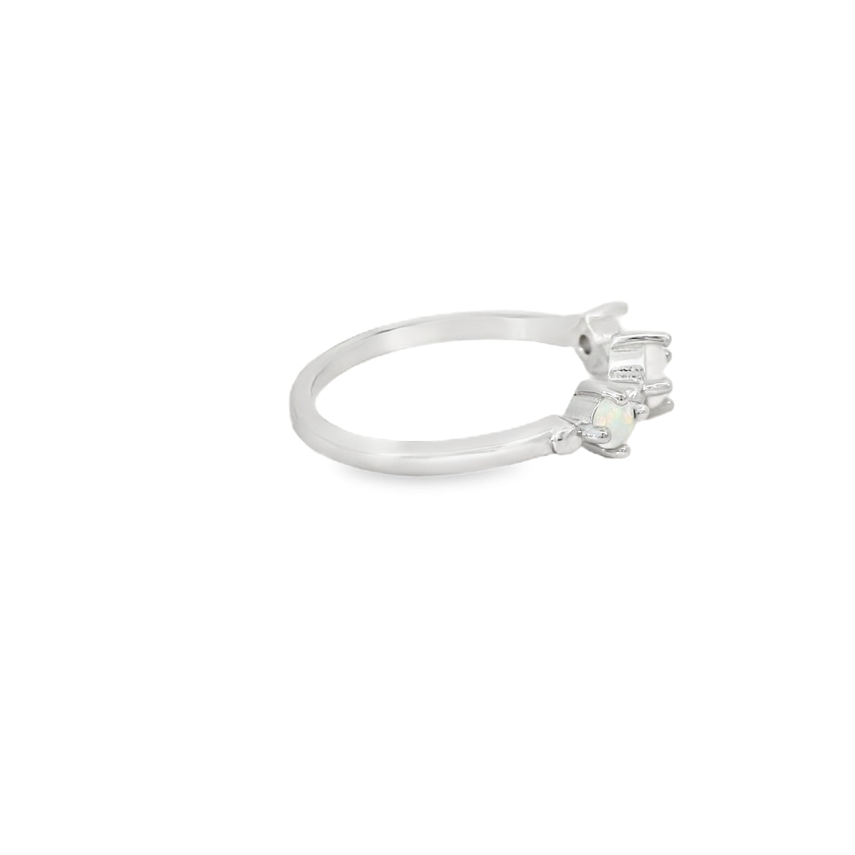 Three white lab opal sterling silver ring