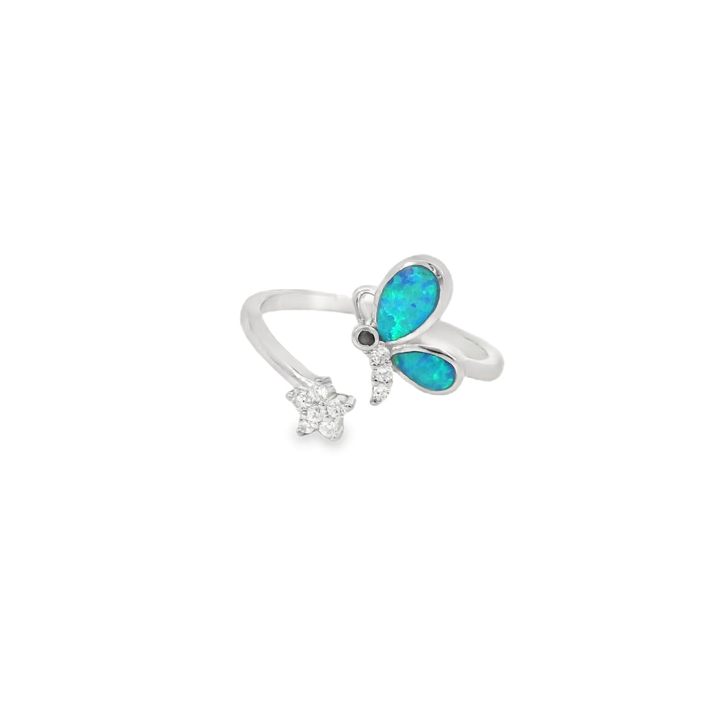 Blue lab opal butterfly cubic zirconia ring