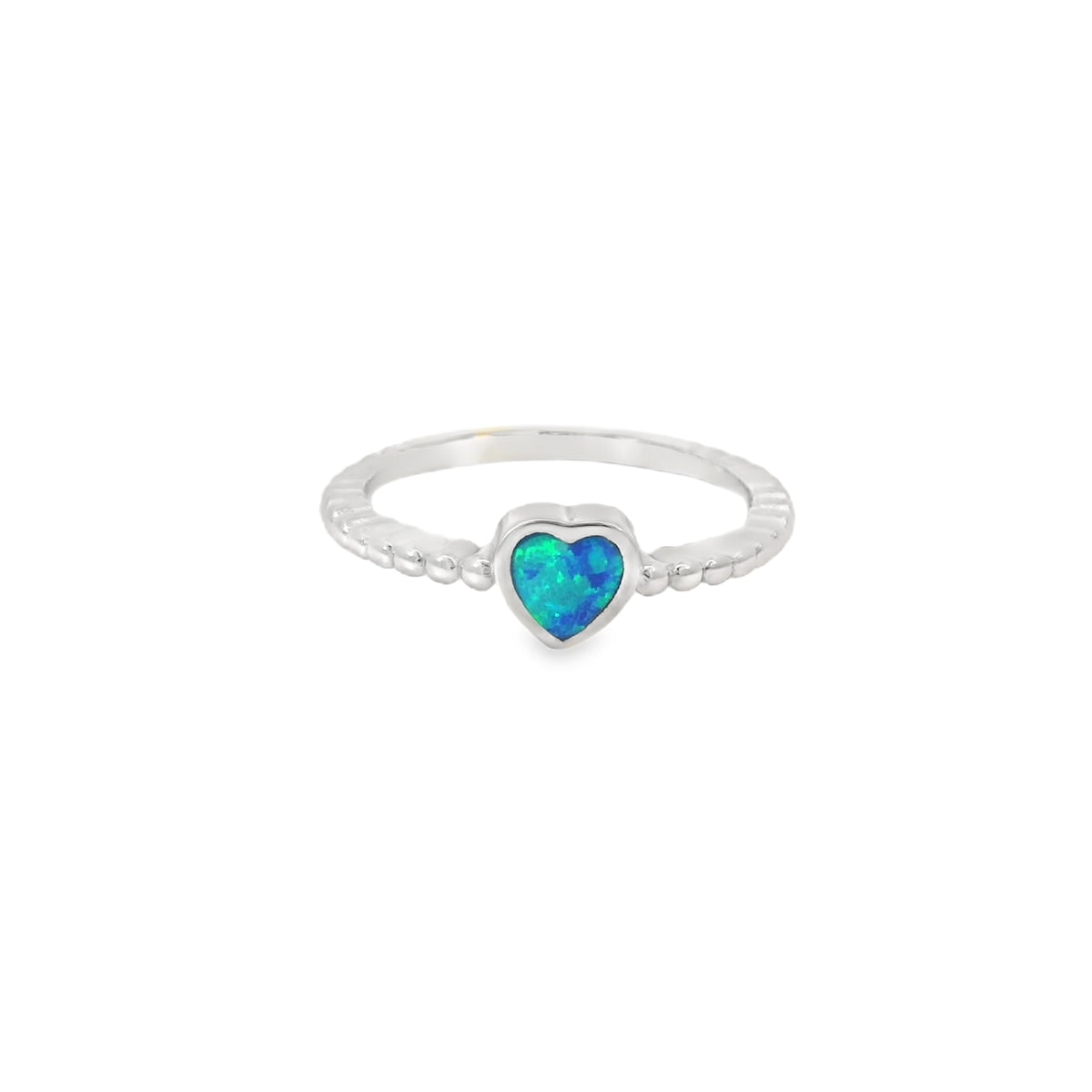 Blue lab opal heart sterling silver ring