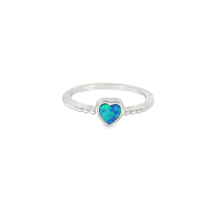 Blue lab opal heart sterling silver ring