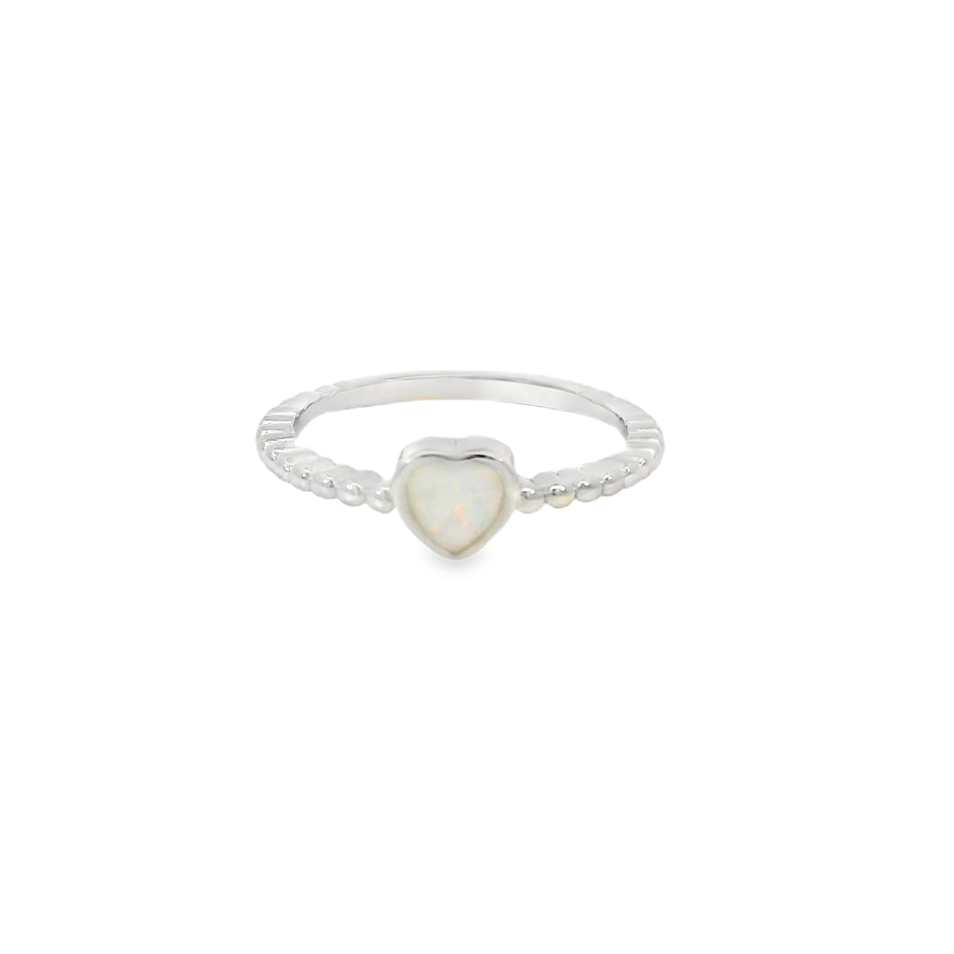 White lab opal heart sterling silver ring