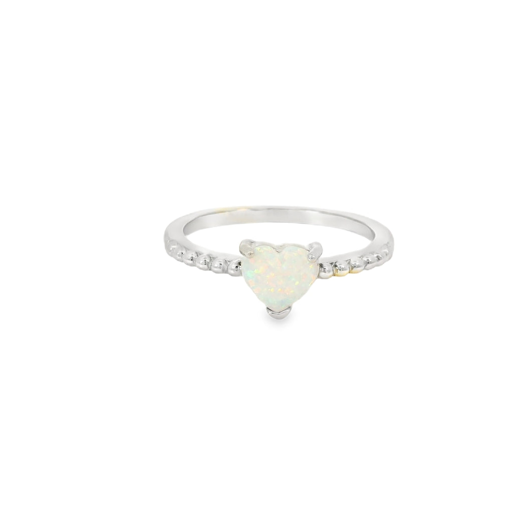 White lab opal heart sterling silver ring