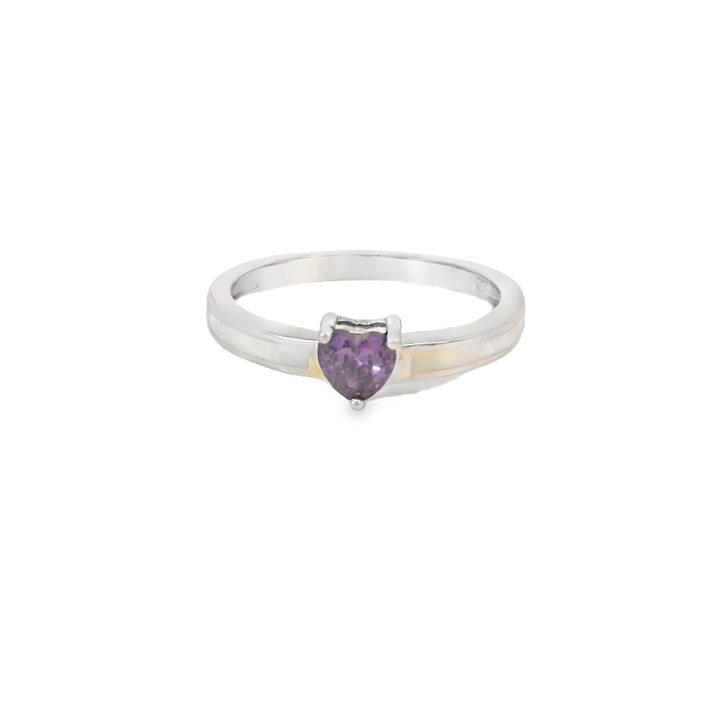 White Lab Opal Purple Cubic Zirconia Heart Ring
