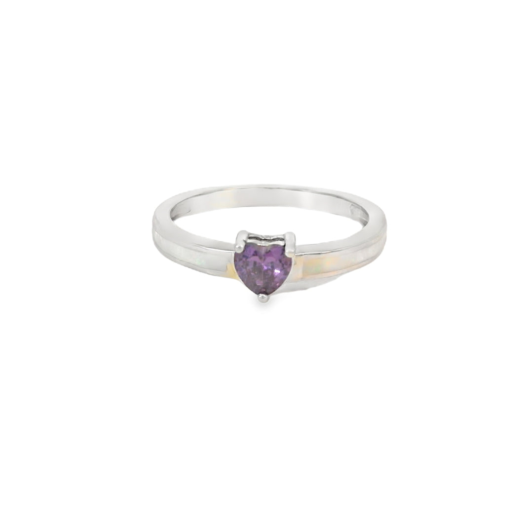White Lab Opal Purple Cubic Zirconia Heart Ring