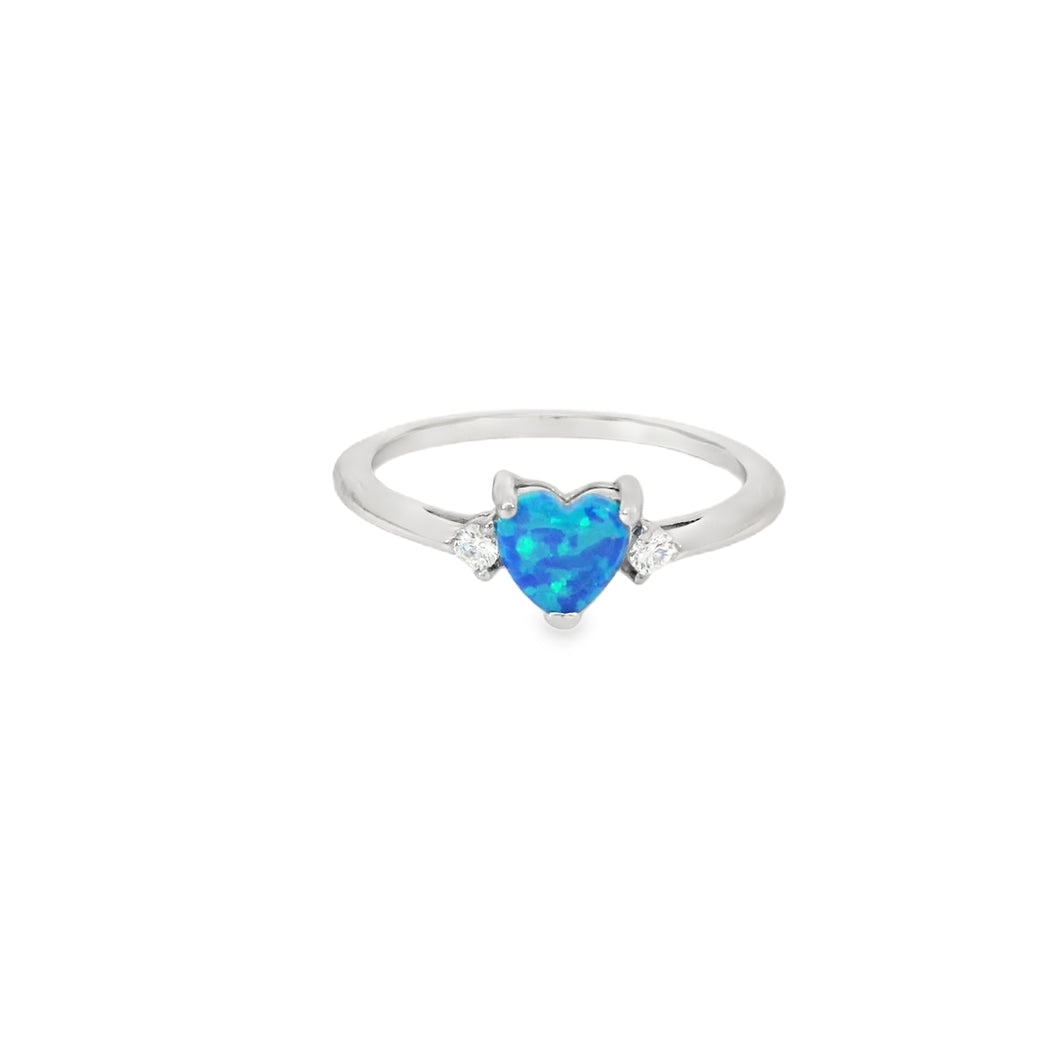 Blue heart lab opal cubic zirconia sterling silver ring