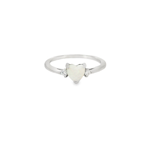 White lab opal heart cubic zirconia sterling silver ring