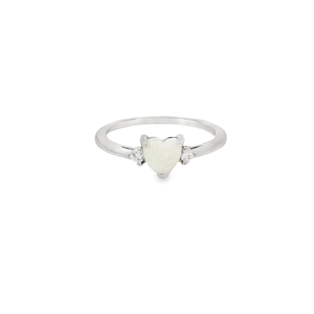 White lab opal heart cubic zirconia sterling silver ring