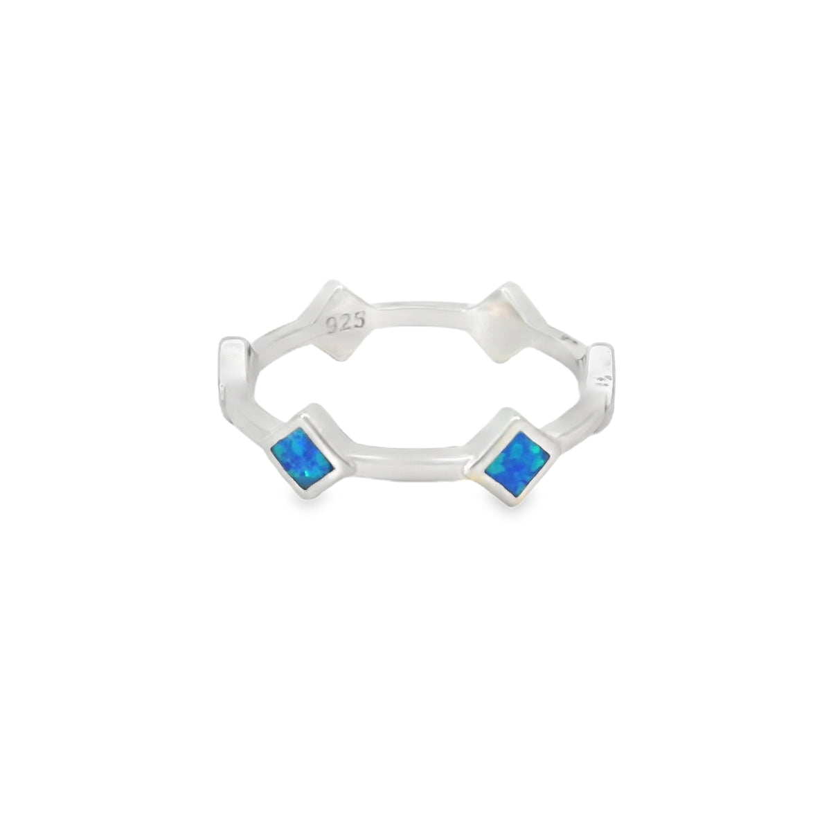 Lab Opal Blue Rhombus Band Sterling Silver Ring