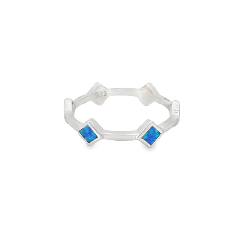 Lab Opal Blue Rhombus Band Sterling Silver Ring