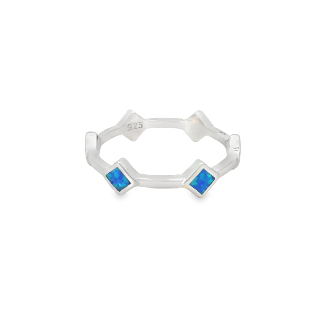 Lab Opal Blue Rhombus Band Sterling Silver Ring
