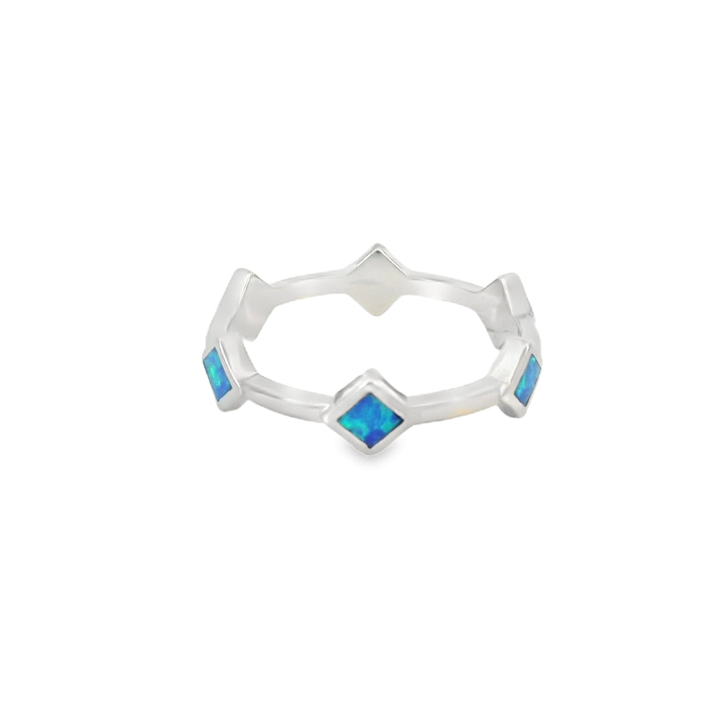 Lab Opal Blue Rhombus Band Sterling Silver Ring