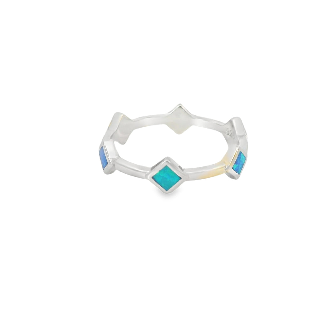 Lab Opal Blue Rhombus Band Sterling Silver Ring
