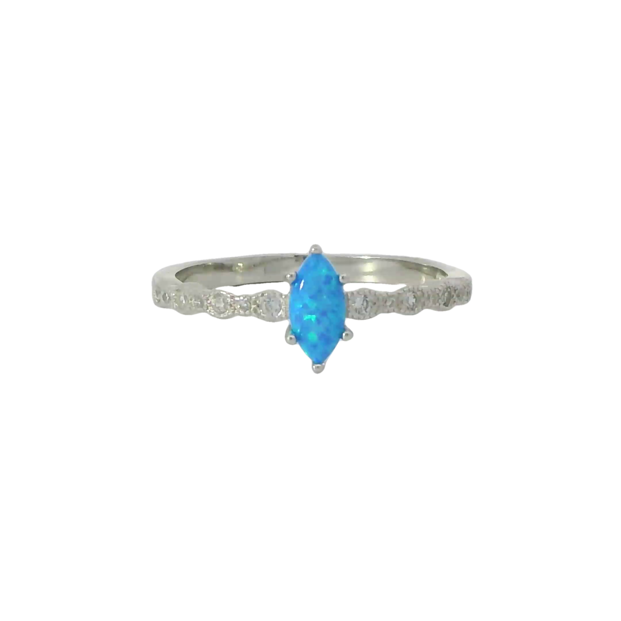 8x4 Marquise cut Blue lab opal with cubic zirconia sterling silver ring