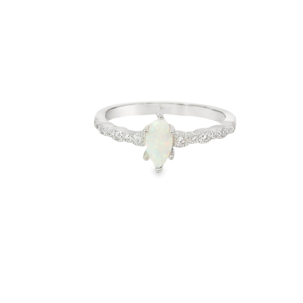 8x4 Marquise cut white lab opal with cubic zirconia sterling silver ring