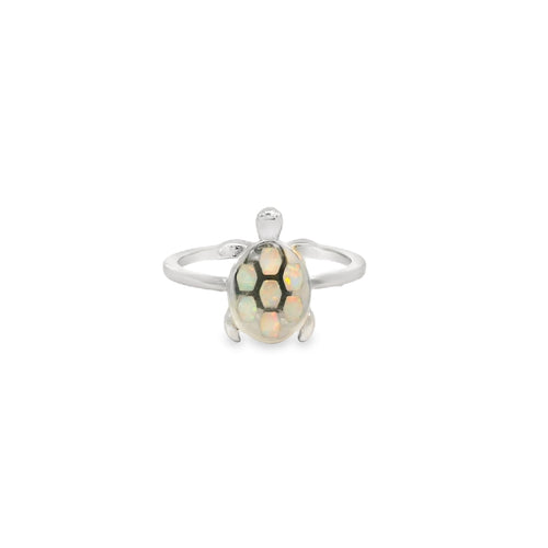 White lab opal turtle sterling silver ring