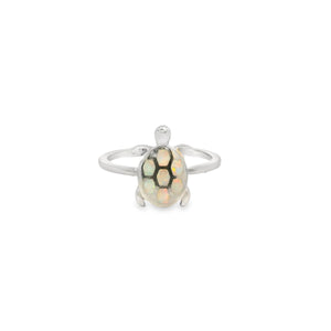 White lab opal turtle sterling silver ring
