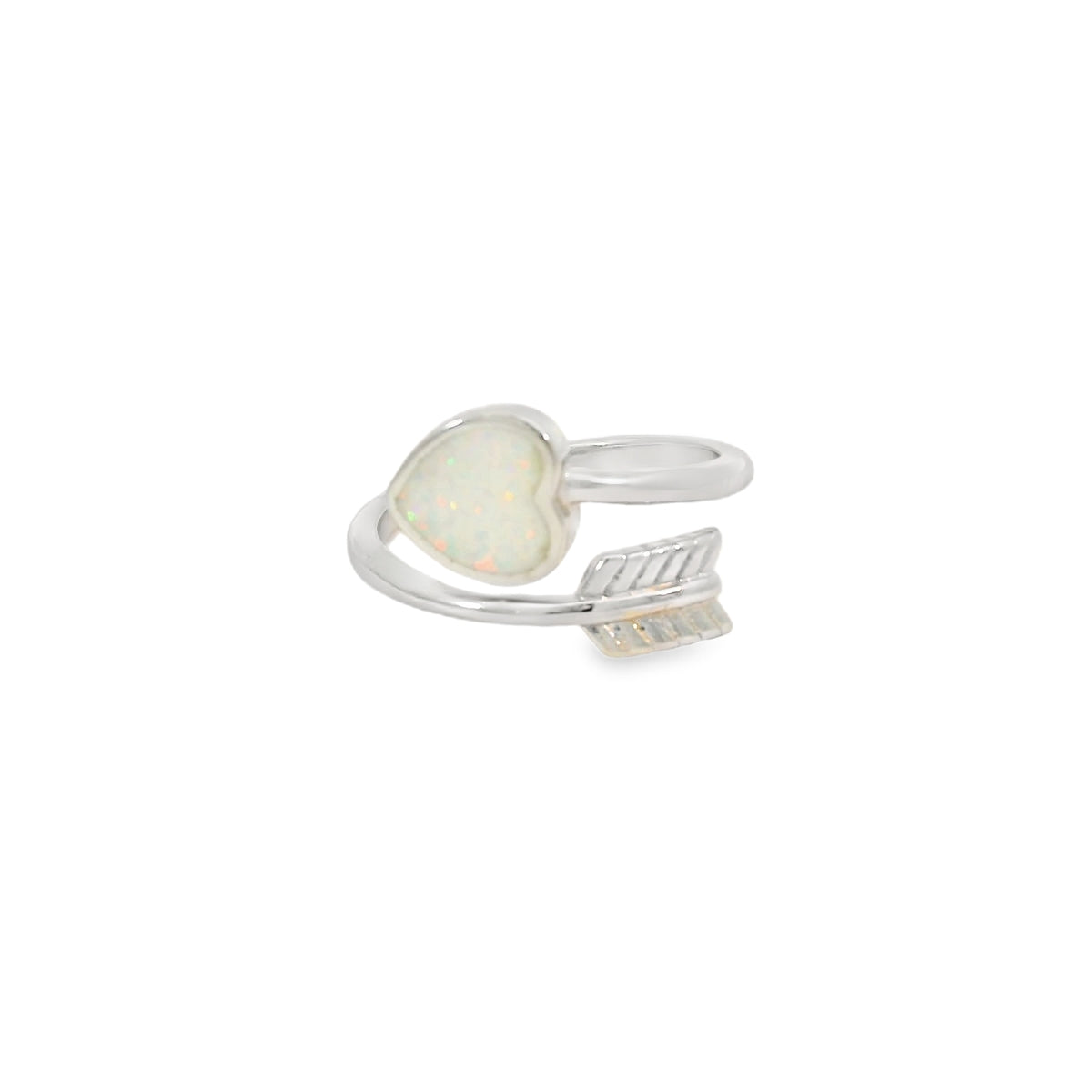 White lab opal heart arrow sterling silver ring