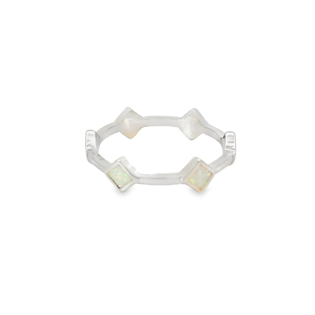 Lab Opal White Rhombus Band Sterling Silver Ring
