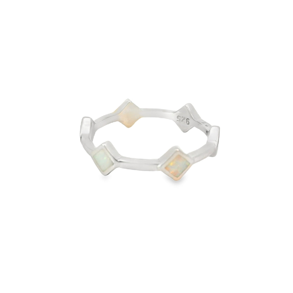Lab Opal White Rhombus Band Sterling Silver Ring