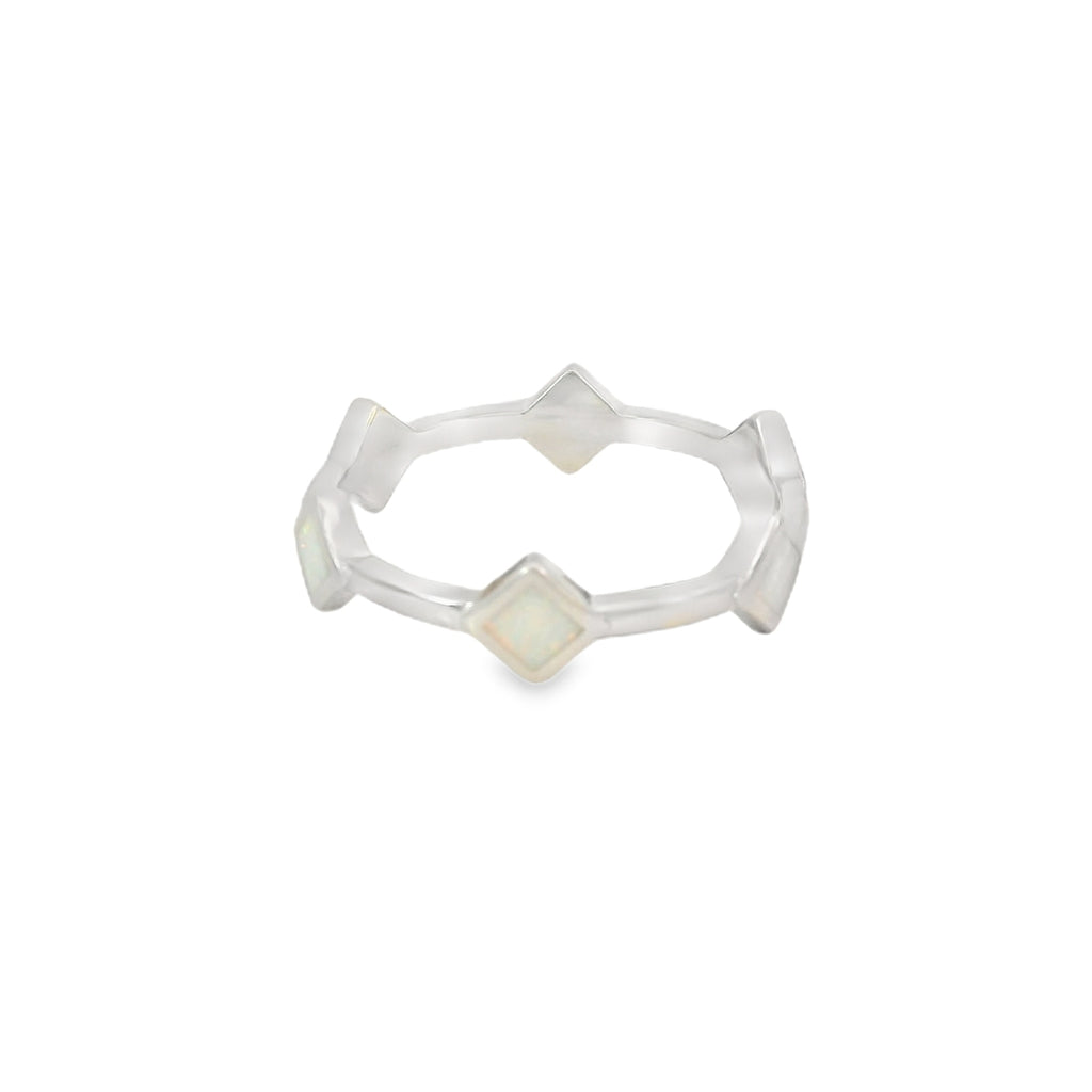 Lab Opal White Rhombus Band Sterling Silver Ring