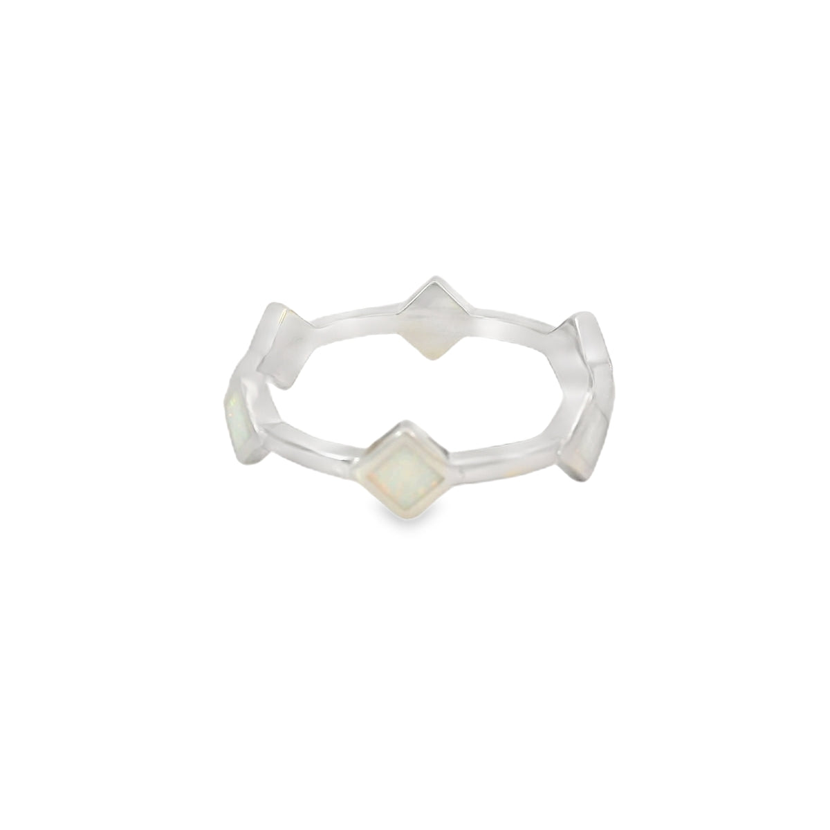 Lab Opal White Rhombus Band Sterling Silver Ring