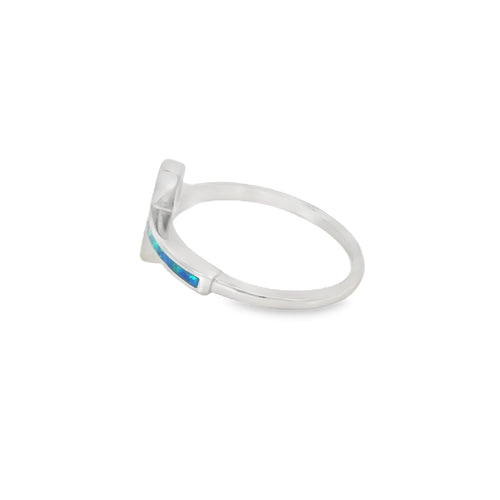 Blue lab opal cross sterling silver ring