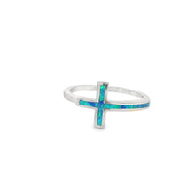 Load image into Gallery viewer, Blue lab opal cross sterling silver ring