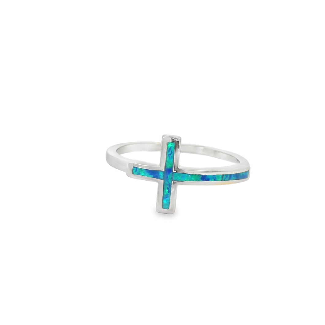 Blue lab opal cross sterling silver ring