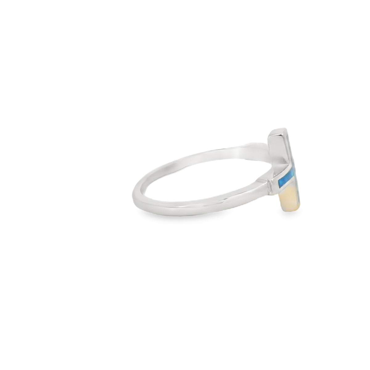 Blue lab opal cross sterling silver ring