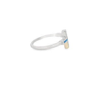Blue lab opal cross sterling silver ring