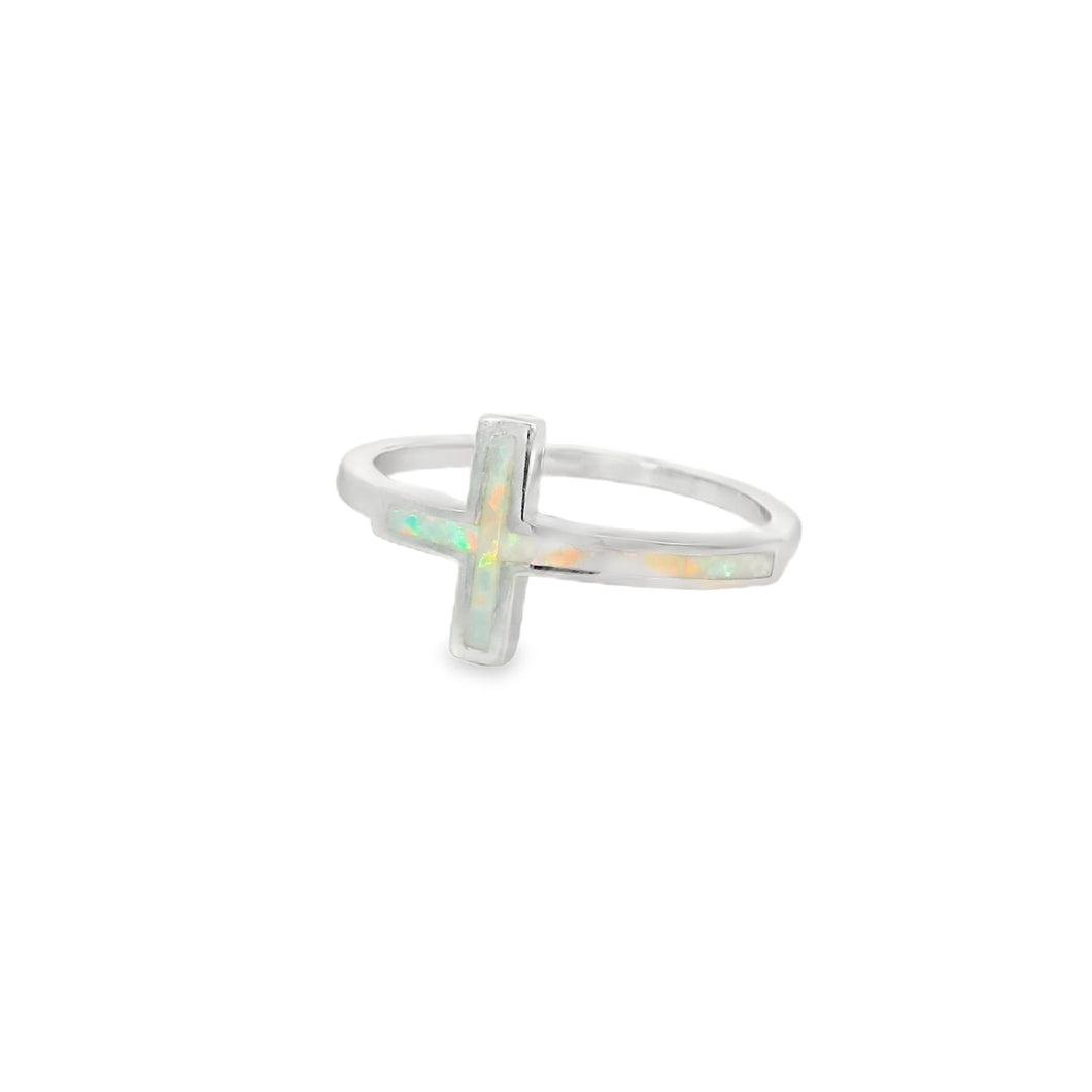 White lab opal cross sterling silver ring