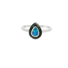 Load image into Gallery viewer, Blue lab opal tear drop with black enamel ring