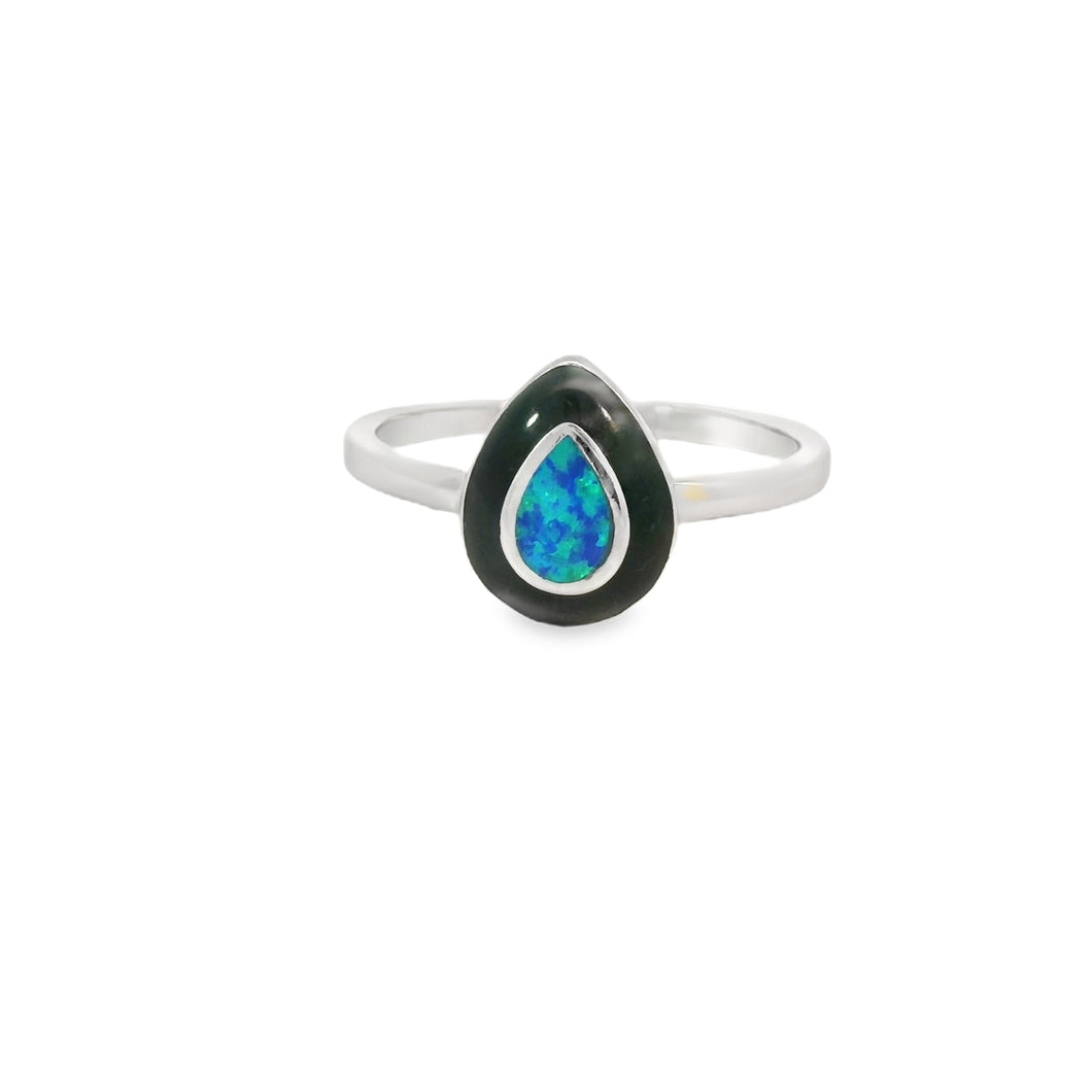 Blue lab opal tear drop with black enamel ring