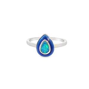 Blue lab opal tear drop with blue enamel ring
