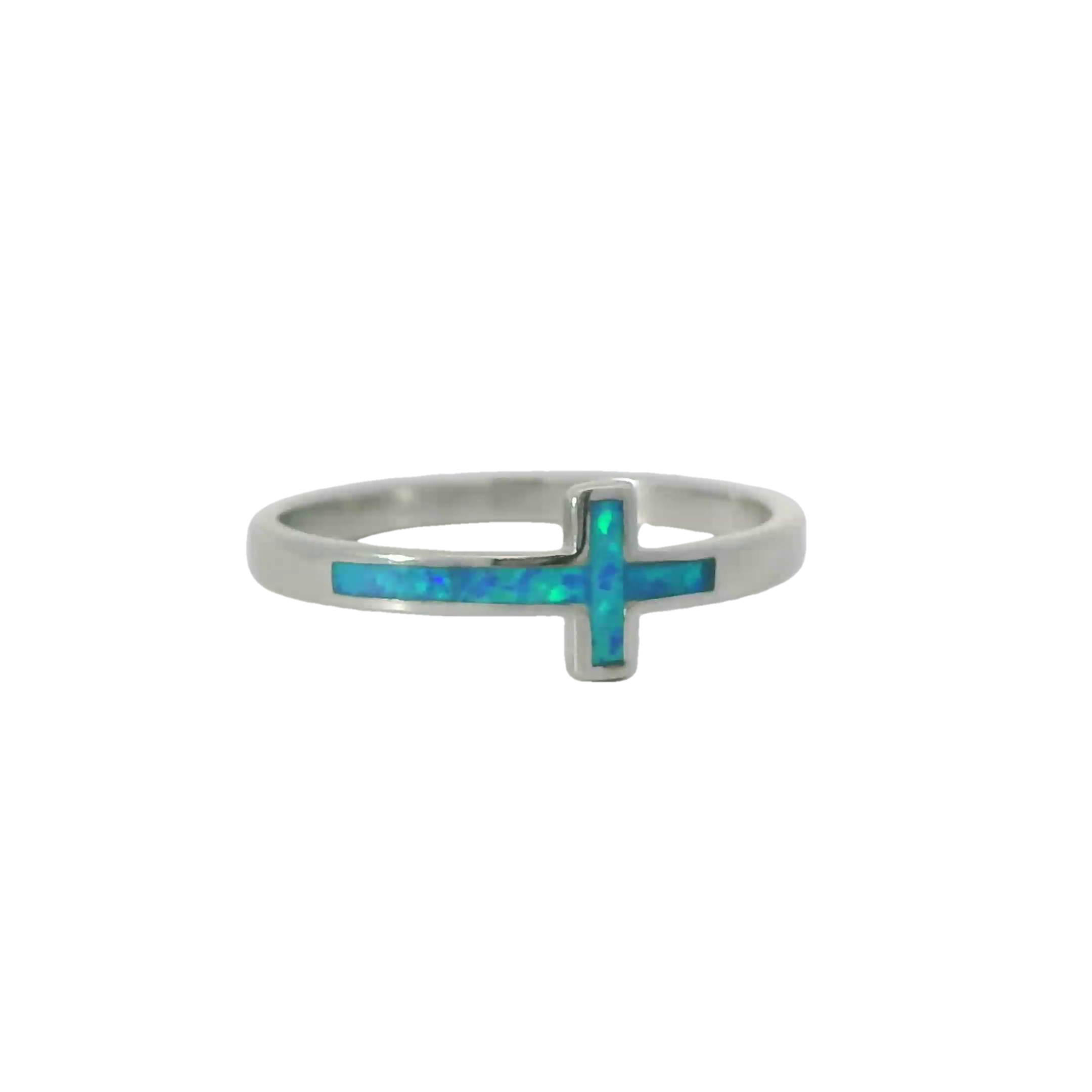 Blue lab opal cross sterling silver ring