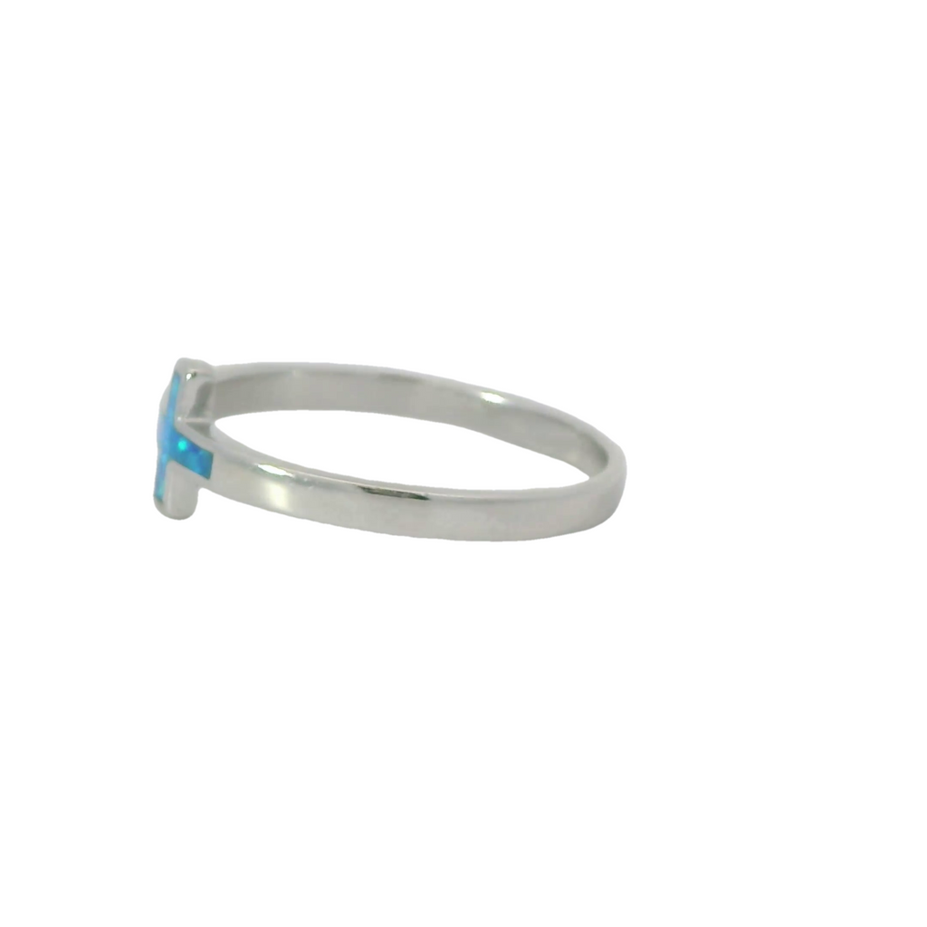 Blue lab opal cross sterling silver ring
