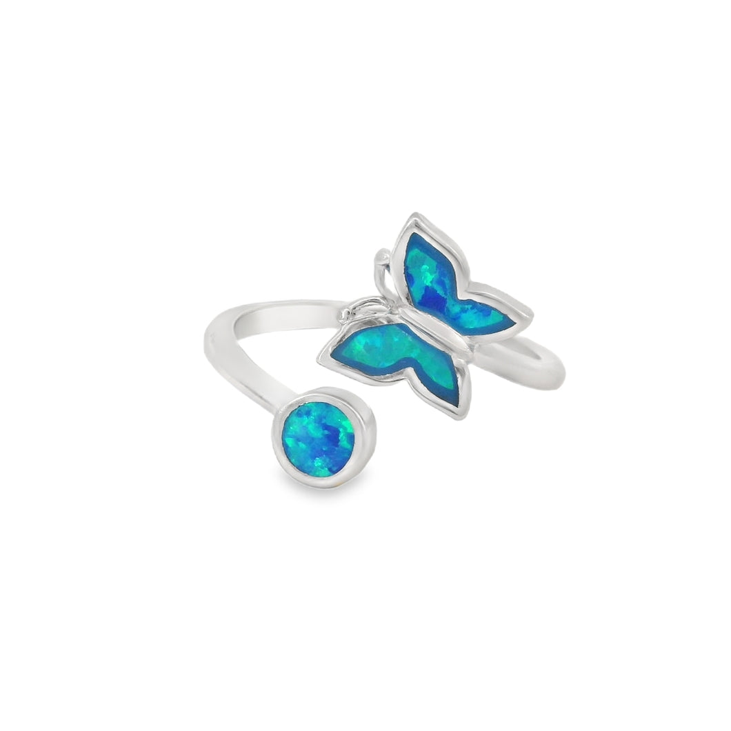 Blue lab opal butterfly sterling silver ring
