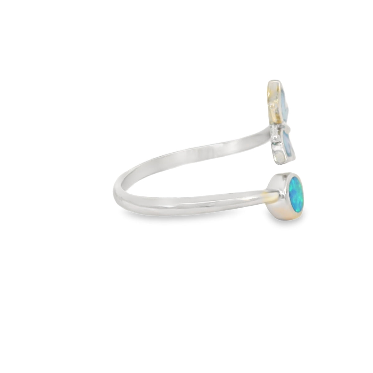 Blue lab opal butterfly sterling silver ring