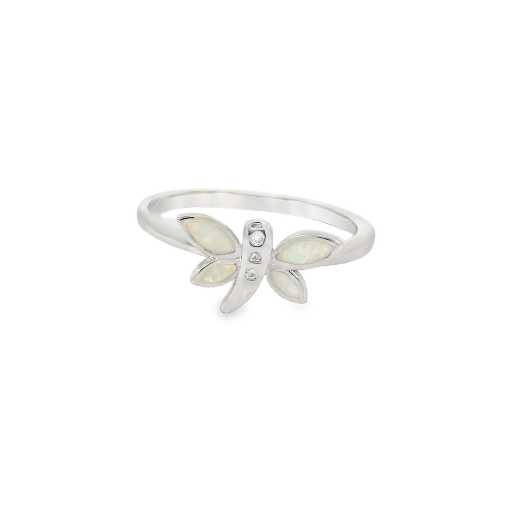 White lab opal butterfly sterling silver ring