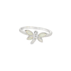 White lab opal butterfly sterling silver ring
