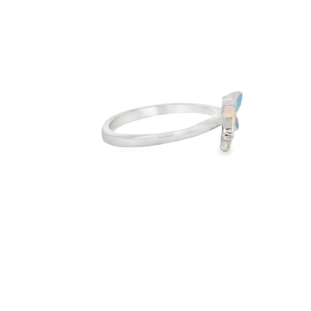 Blue lab opal butterfly sterling silver ring