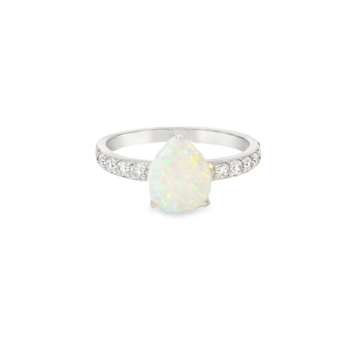 Pear Shape 10x8mm White Lab Opal Sterling Silver Ring