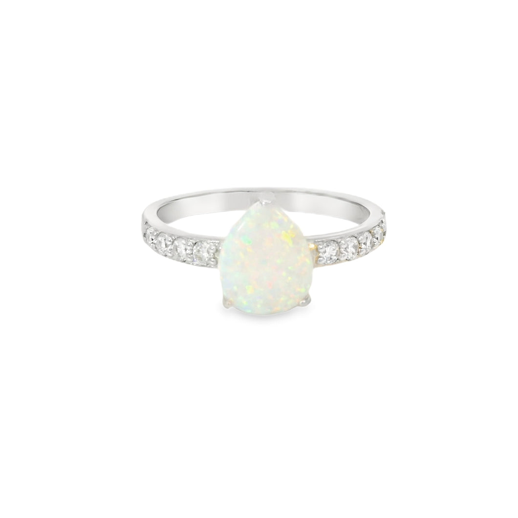 Pear Shape 10x8mm White Lab Opal Sterling Silver Ring