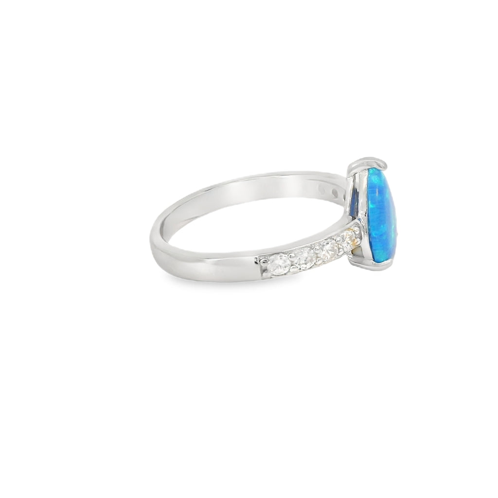 Pear Shape 10x8mm Blue Lab Opal Sterling Silver Ring