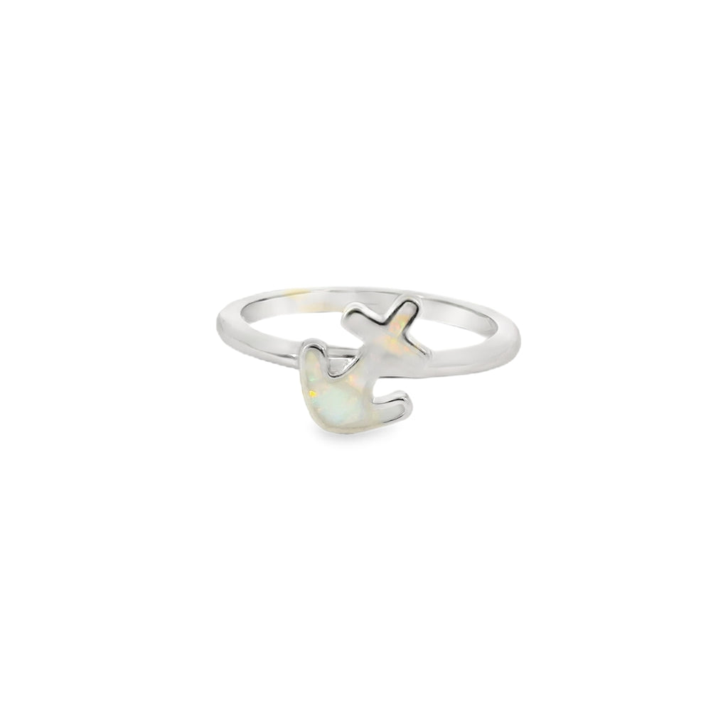 White lab opal anchor sterling silver ring