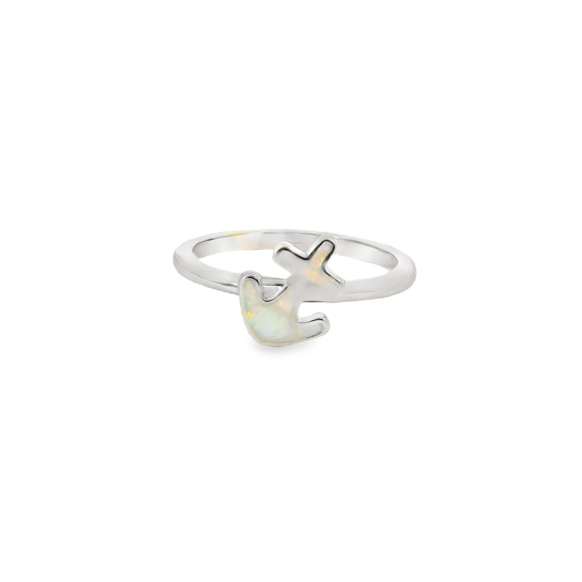 White lab opal anchor sterling silver ring